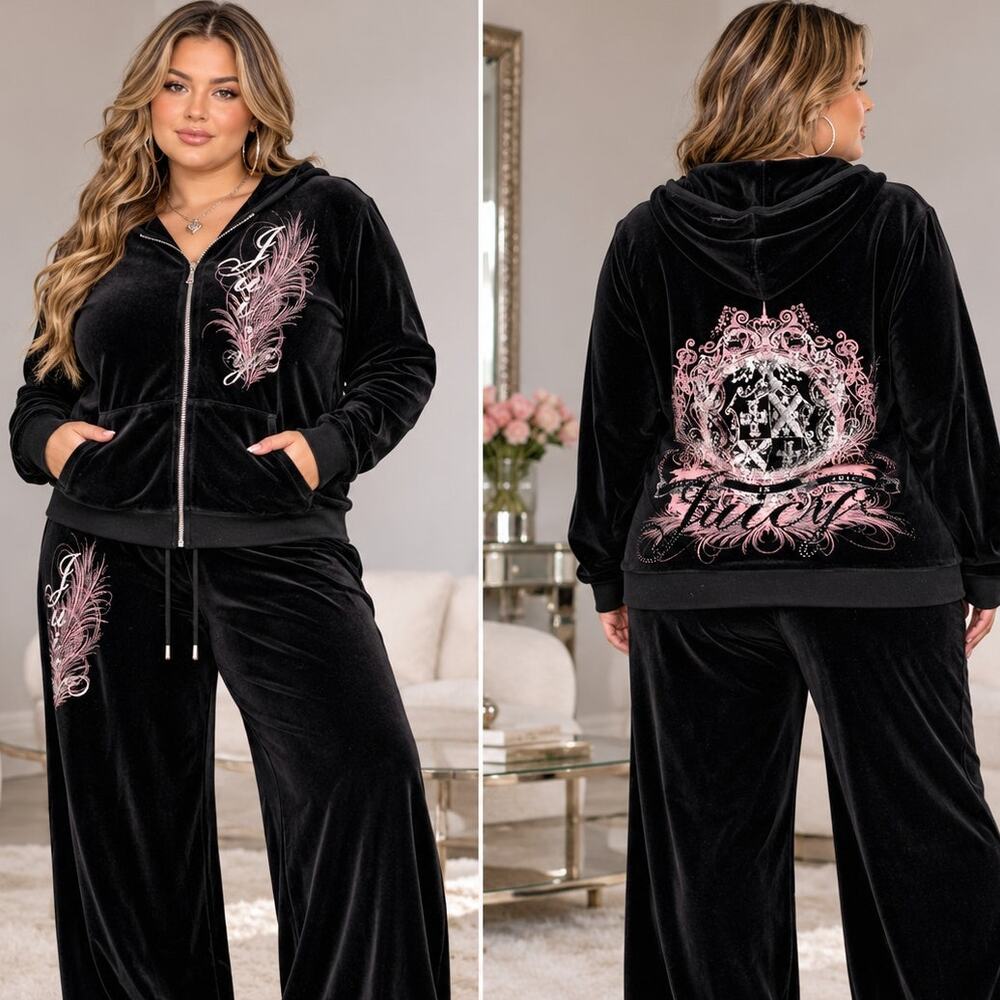 Juicy Couture Vintage 2009 Black Velour Tracksuit Pink Feather Crest Set 2X